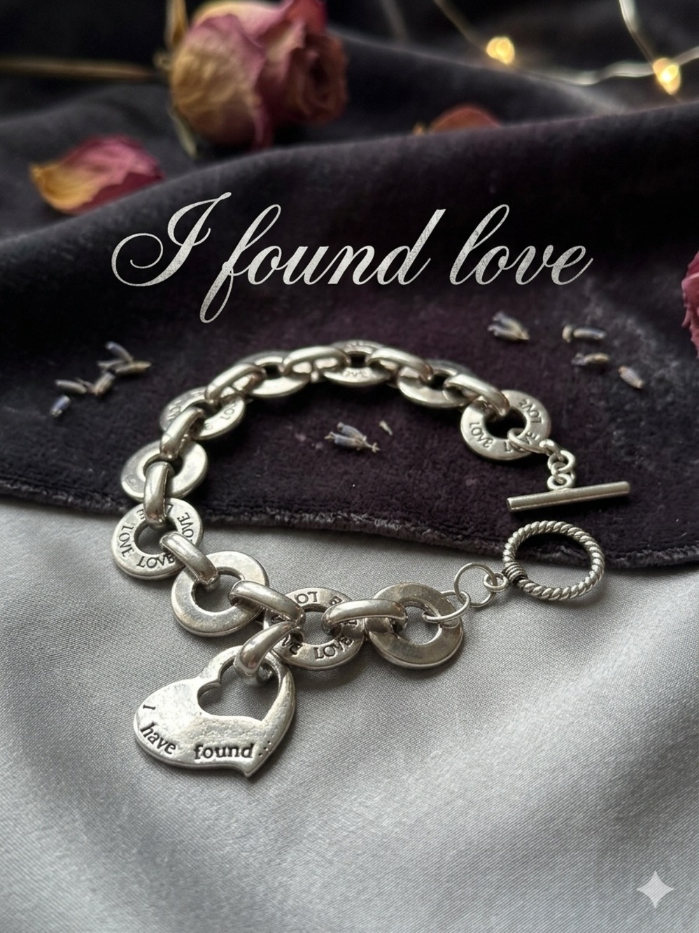 Y2K Vintage Style "I Have Found... Love" Stamped Link Toggle Charm Bracelet